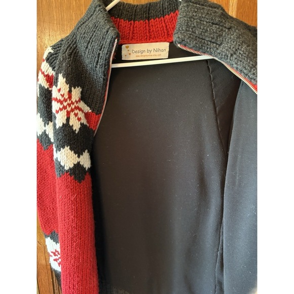Handmade WoolRed Black Thick Knit Sweater Zip Lined Nordic Ski Lodge Cabin - Picture 8 of 14